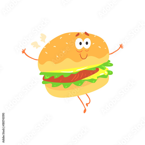 Funny burger cartoon fast food character, element for menu of cafe, restaurant, kids food, vector Illustration