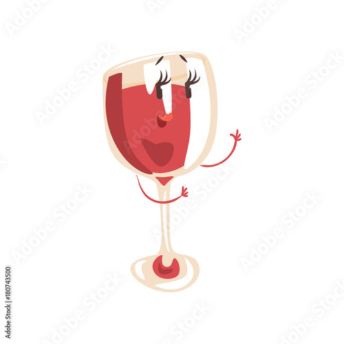 Funny glass of wine cartoon character, element for menu of cafe, restaurant, kids food, vector Illustration