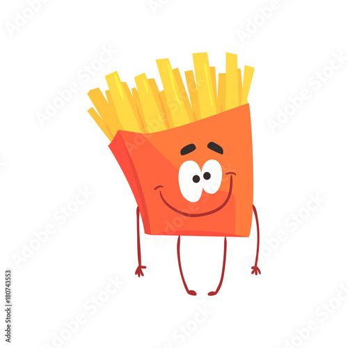Funny french fries cartoon fast food character, element for menu of cafe, restaurant, kids food, vector Illustration