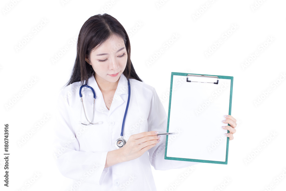 Portrait of Confident smiling Korean Woman doctor posing at white background, healthcare concept Portrait of Confident smiling Korean Woman doctor posing at white background, healthcare concept