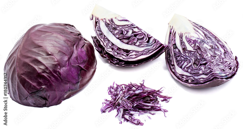 Group of sliced purple cabbage, one half, two quarters and shredded or chopped heap, isolated on white background. Group of sliced purple cabbage, one half, two quarters and shredded or chopped heap, isolated on white background.