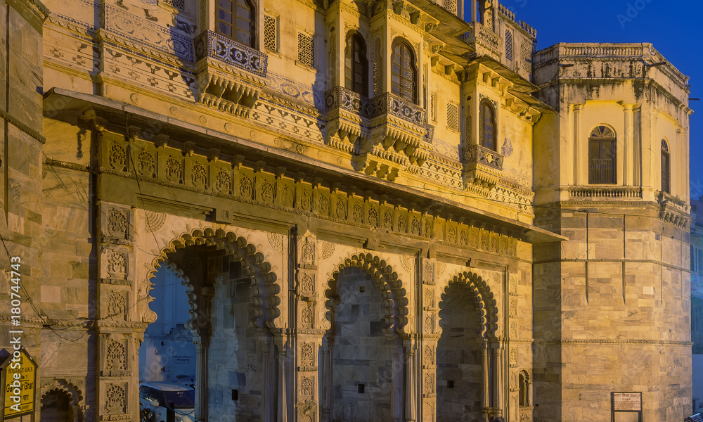 Detail of Gangaur Ghat by night, Udaipur, Rajasthan, India