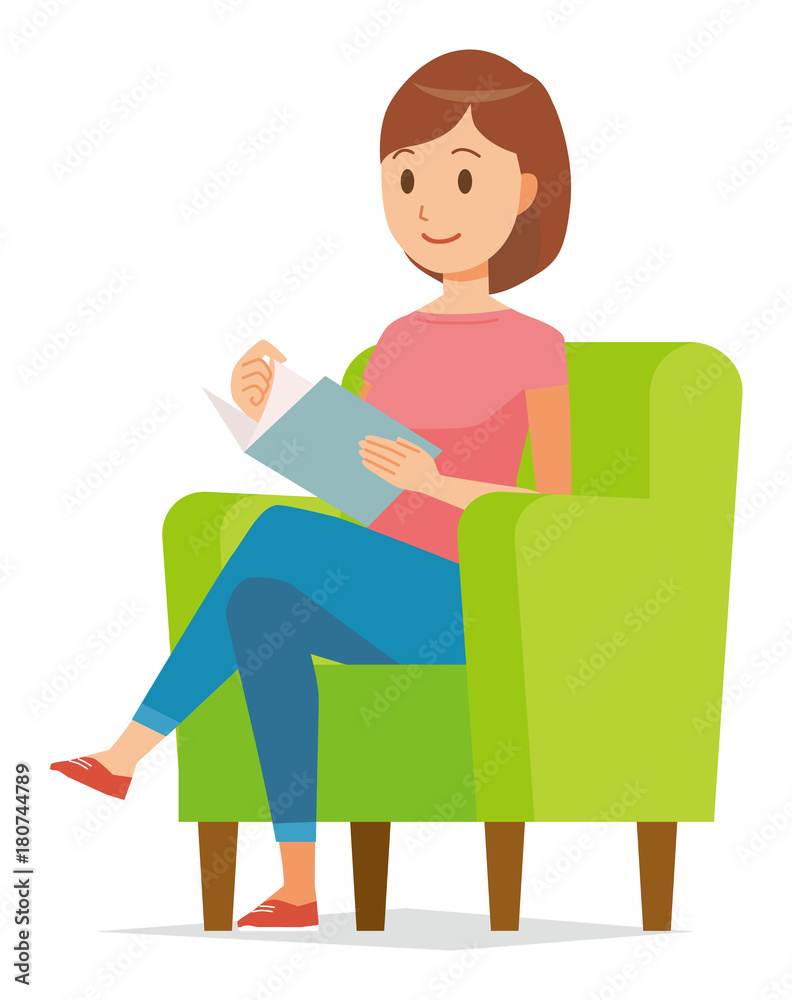 Illustration that mommy wearing short-sleeved clothes is reading on a sofa Illustration that mommy wearing short-sleeved clothes is reading on a sofa