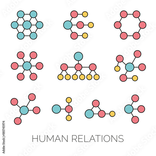 Human relations simple charts. Hierarchy, connections, organizations diagrams vector illustrations.