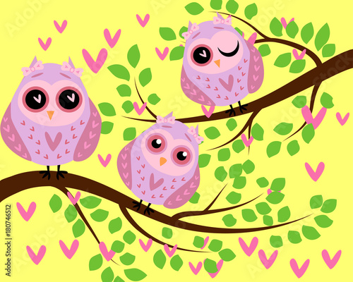 Bright cute cartoon owls sit on the flowering branches of fantastic trees