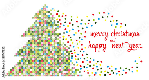 Vector illustration shows Christmas tree in multi-colored pixels. New Year and Christmas card