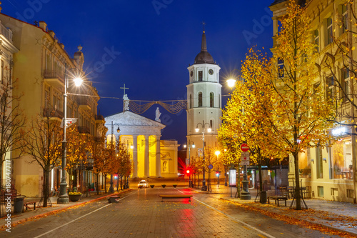 Gediminas prospect and Cathedral Belfry during evening blue hour, Vilnius, Lithuania, Baltic states.