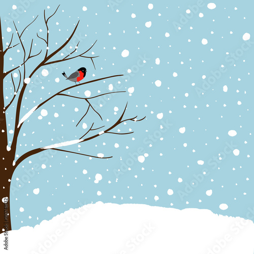 Winter Landscape Scene. Christmas New Year Greeting Card. Forest Falling Snow Red Capped Robin Bird Sitting on Tree. Blue Sky Copy Space for Text