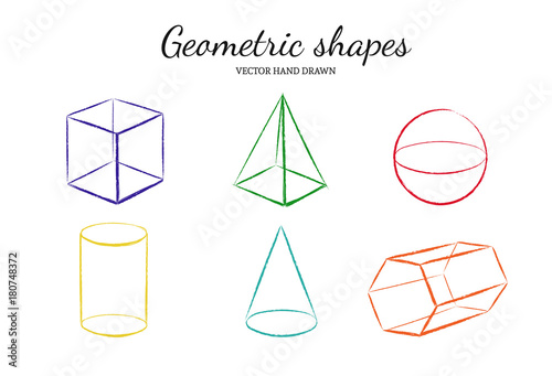 Geometric shapes set. Vector hand drawn illustration. Isolated objects. Cube, Pyramid, Cylinder Cone Prism Sphere