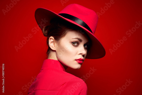 Canvas Print beautiful woman in red hat portrait