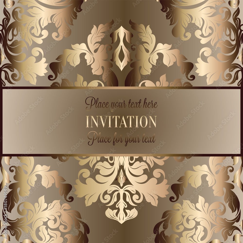 Baroque background with antique, luxury beige, brown and gold vintage frame, victorian banner, damask floral wallpaper ornaments, invitation card, baroque style booklet, fashion pattern