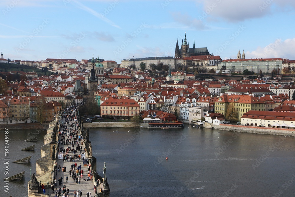 view to the crowded Charles bridge and Prague Castle, Czech Repulic 