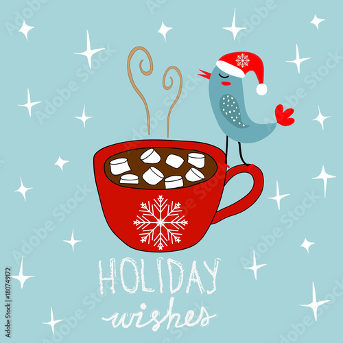Hand Drawn Doodle Merry Christmas Card. Red Mug with Hot Chocolate Cocoa Marshmallows Kawaii Bird in Santa Claus Hat. White Stars Snow Flakes Baby Blue Background. Holiday Wishes Text Lettering