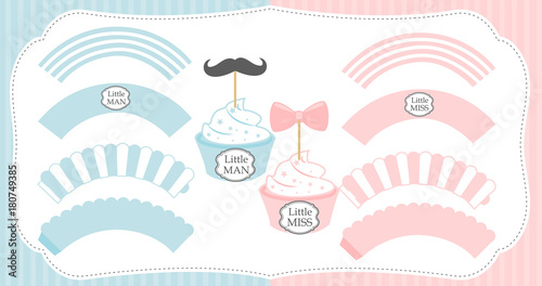 Set of cupcake wrappers vector template. Pink and blue with white stripes. Paper printable decoration for baby shower, birthday, bridal party and wedding candy bar. Girl bow and boy mustache toppers. 