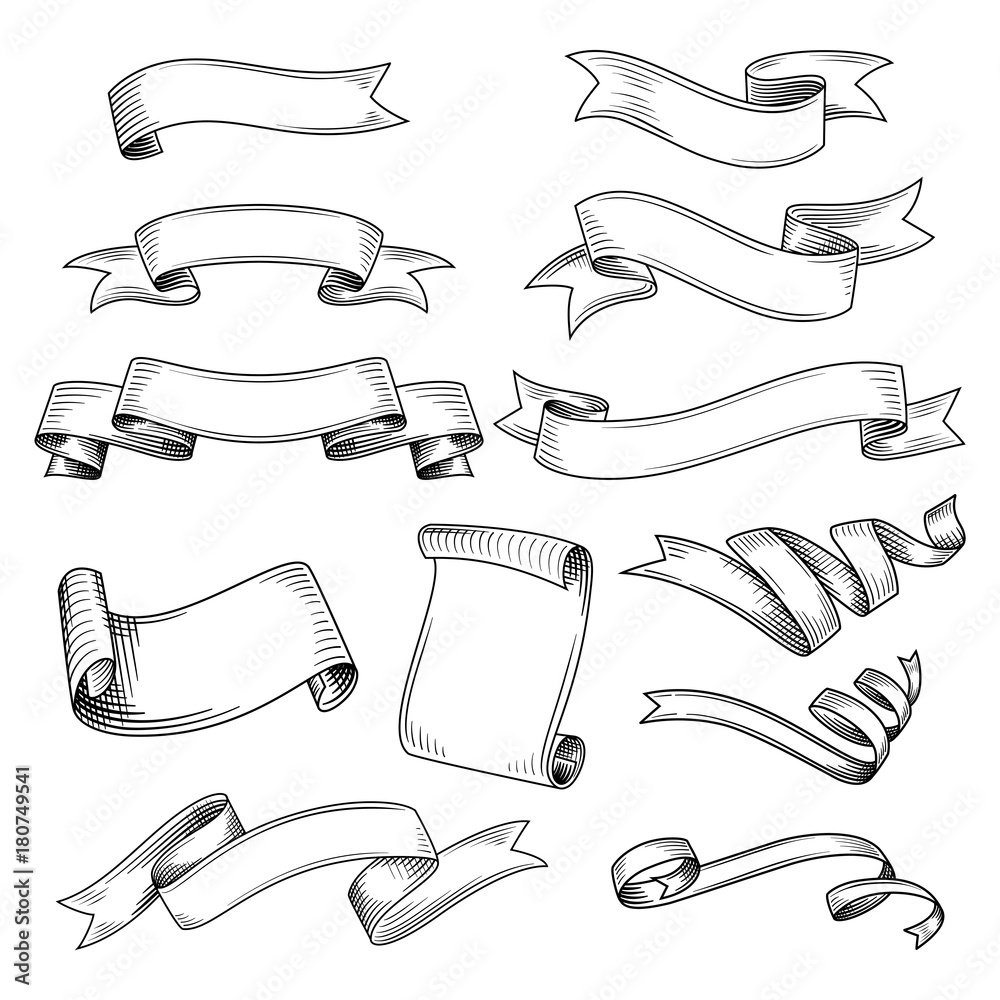 Obraz premium Ręcznie rysowane zestaw różnych wstążek. Elementy projektu na kartki okolicznościowe, banery, zaproszenia. Szkic, ilustracji wektorowych.