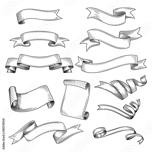 Hand drawn set of different ribbons. Design elements for greeting cards, banners, invitations. Sketch, vector illustration.