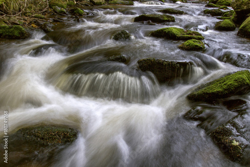 Mountain Stream. Fast-flowing water, picturesque blurred shapes of the water movement. Mossy rocks .