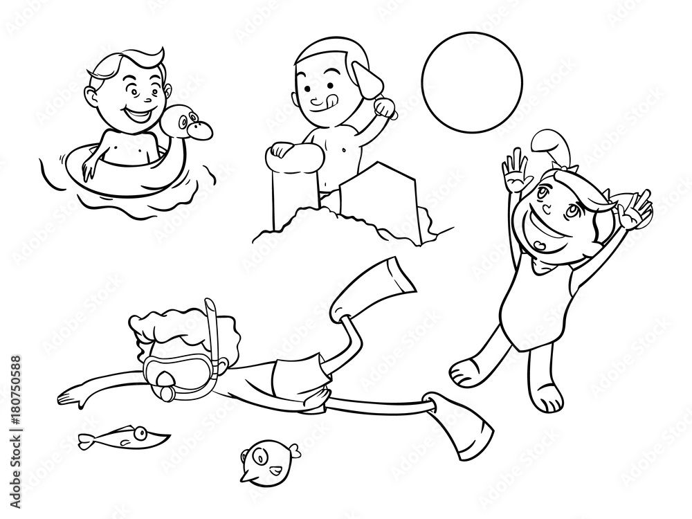 Childrens activity on the beach coloring book cartoon vector Childrens activity on the beach coloring book cartoon vector