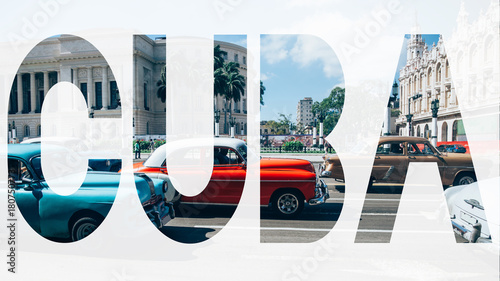 Canvas Print CUBA transparent letters, headline, Oldtimer in Havanah