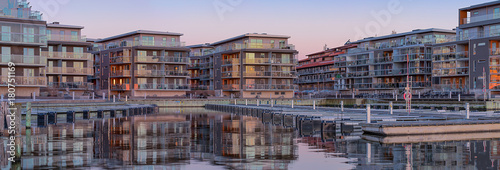 Fiskebäck port and apartments in a quiet night at the blue hour