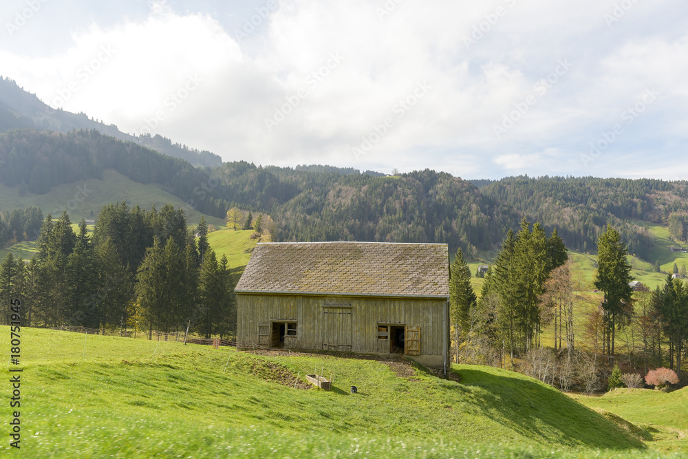 Green countryside village landscape at Autumn in Switzerland
