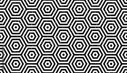 Seamless black and white grunge op art hexagon illusion pattern vector