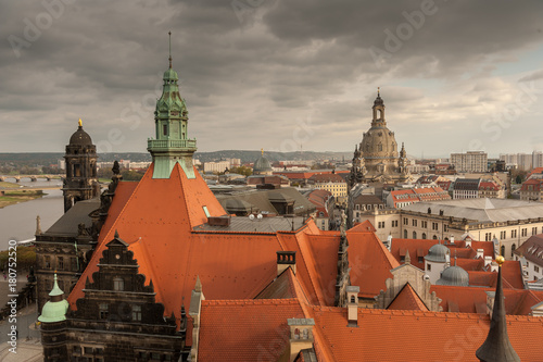 Rooftops and Frauenkirche in Dresden on a cloudy day in autumn