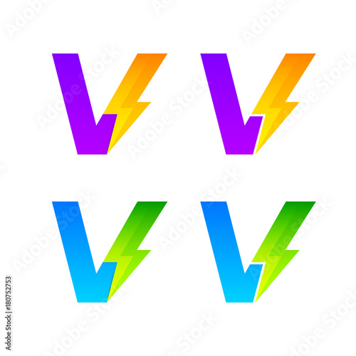 Letter V logotype set with Thunder Electric logo, Energy, Power, Flash, Lighting Bolt colorful concept for your Corporate identity vector design template