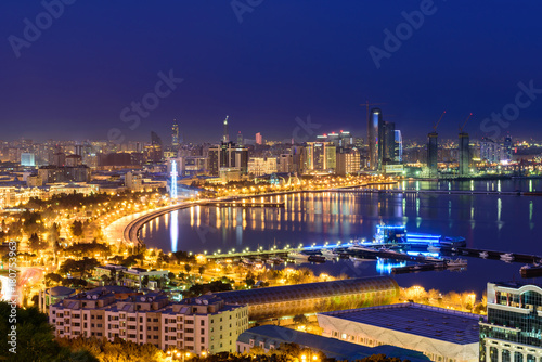 Baku aerial panoramic view from the Martyrs Lane viewpoint, which located in the center of Baku, Azerbaijan