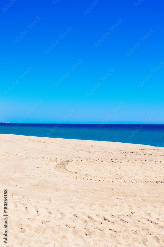 Sea Beach and Soft wave of blue ocean.  Summer vacation and travel concept. Copy space