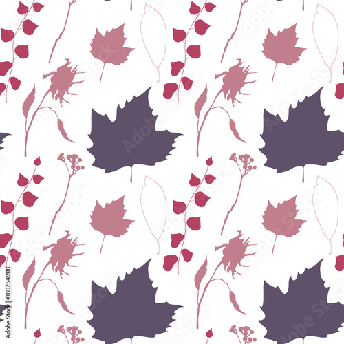 Floral vector seamless pattern with wild flowers, platan or maple and ivy leaves and twigs with berries.