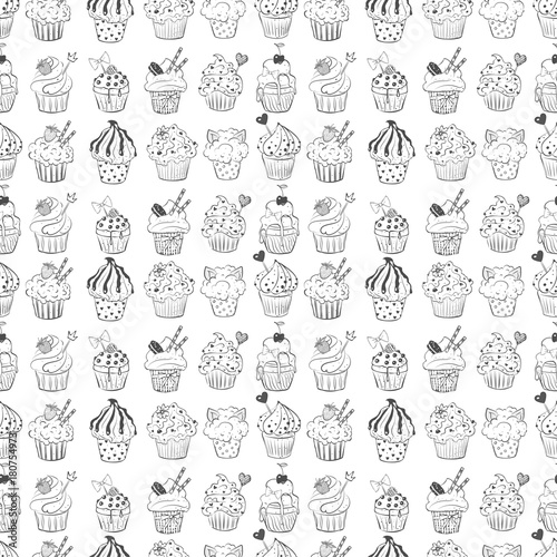 Seamless background with doodle sketch cupcakes on white background