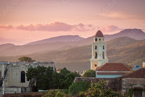 Sunset touching the church and mountains at Trinidad, Cuba