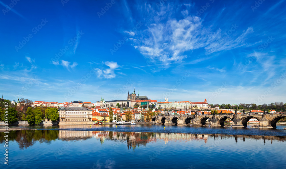 Charles bridge over Vltava river and Gradchany (Prague Castle)