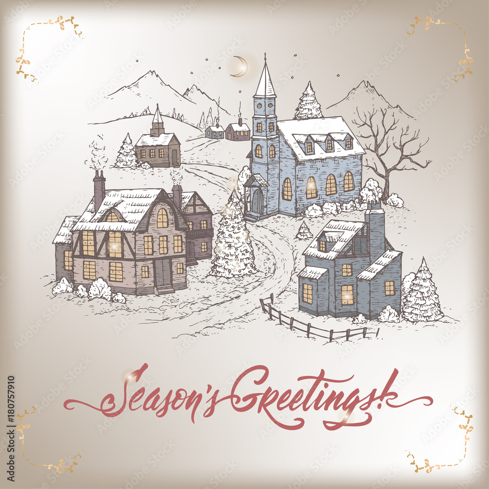 Vintage color Christmas card with mountain village and holiday brush lettering