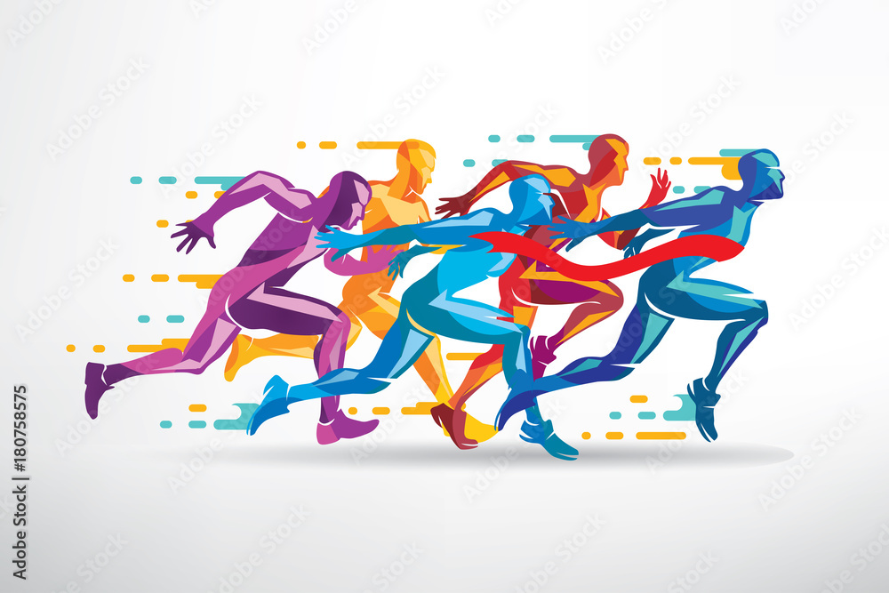Fototapeta running people set of stylized silhouettes, competition and finish