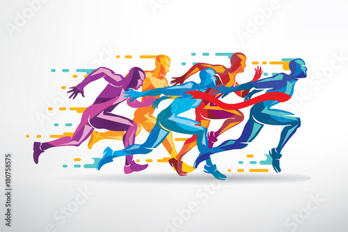 running people set of stylized silhouettes, competition and finish