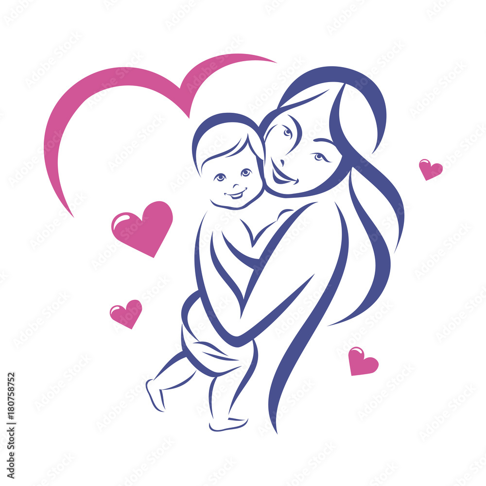 happy mother and baby, smiling family outlined vector sketch happy mother and baby, smiling family outlined vector sketch