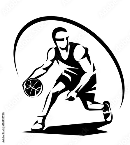 basketball player stylized vector silhouette, logo template in outlined sketch style