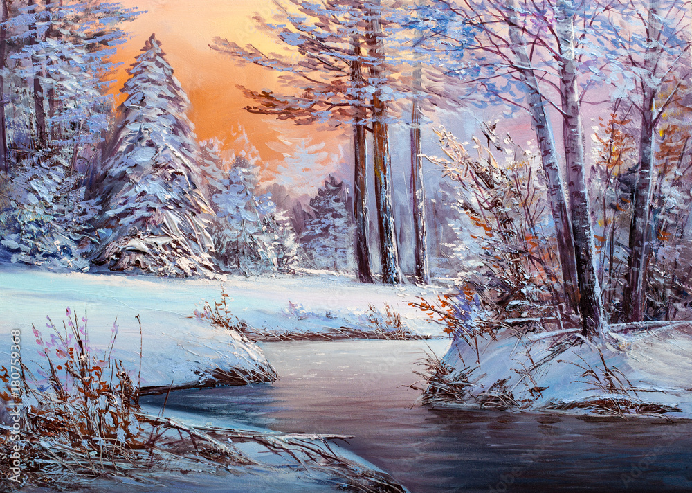 Fototapeta premium Christmas forest with river