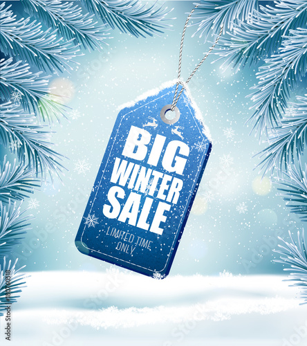 Big Christmas sale on winter background with branches of tree and snowflakes. Vector