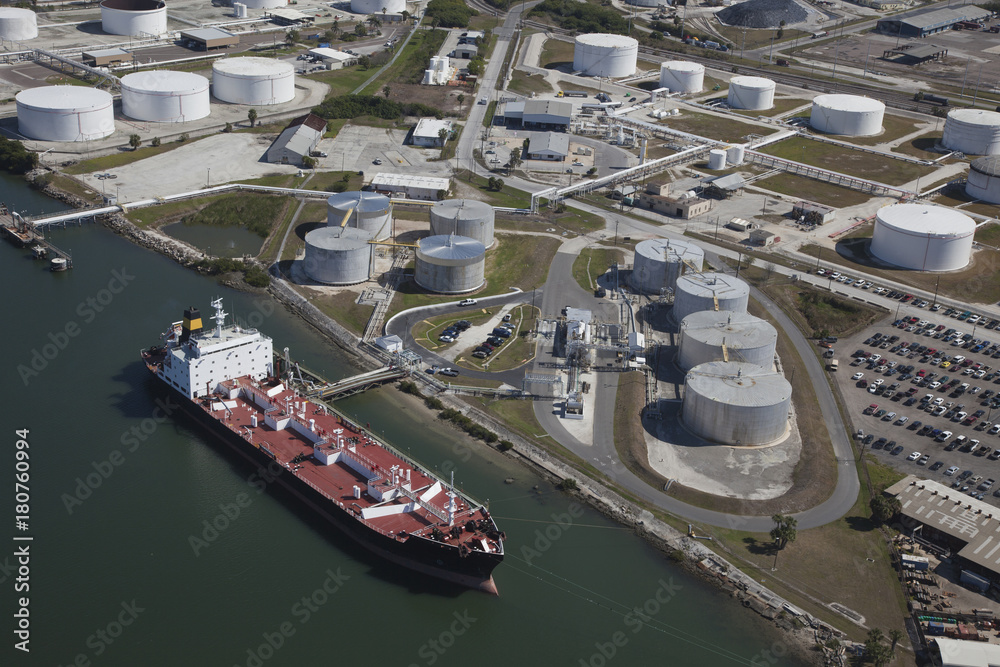 Aerial View of Crude Oil Tanker and Storage Tanks