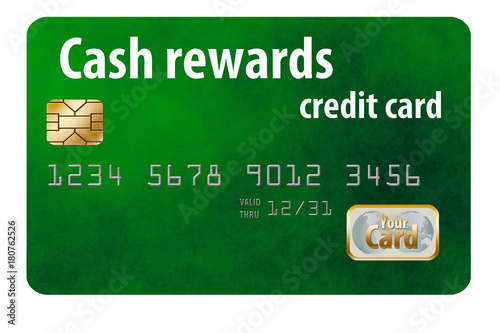 A cash rewards credit card is isolated on a white background. For every dollar you spend you get a percentage back, typically .5 to 1.5%.