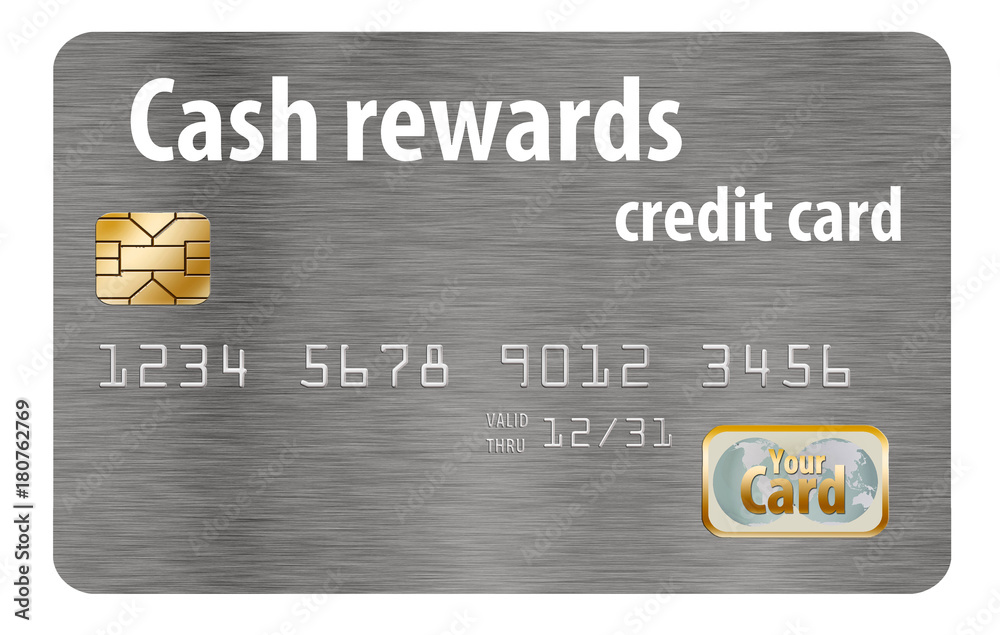 A cash rewards credit card is isolated on a white background. For every dollar you spend you get a percentage back, typically .5 to 1.5%.