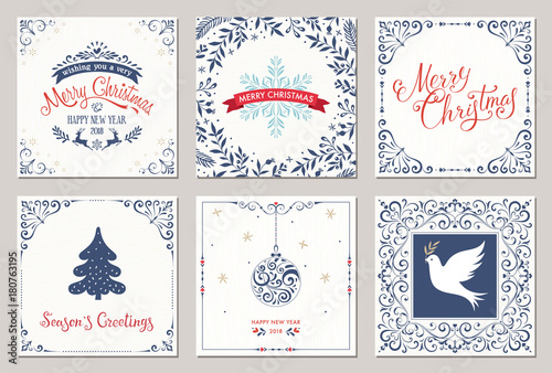 Ornate square winter holidays greeting cards with New Year tree, reindeers, Christmas ornaments, Peace Dove, snowflake, typographic design, swirl and floral frames.