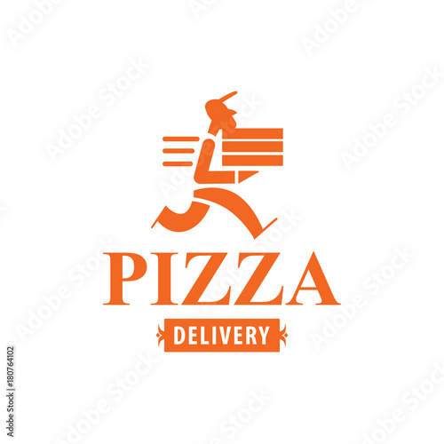 Delivery. Vector logo, sign. A man with a box of pizza.