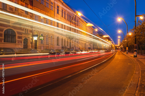 Blurred light trails of Prague tram. Prague, Czech republic