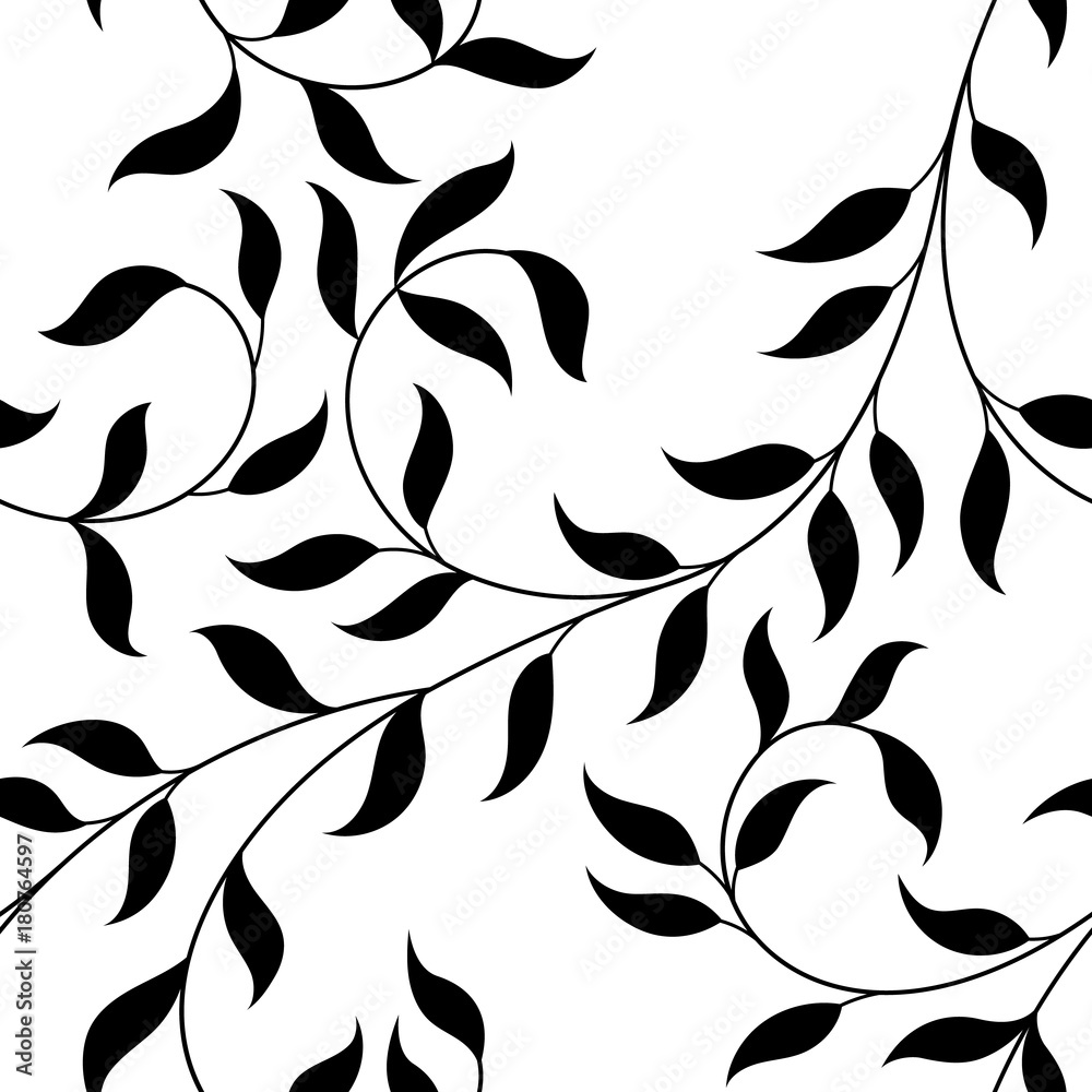 vector illustration, seamless pattern, decorative black and white curly ivy branches with leaves