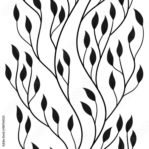 vector illustration, seamless pattern, decorative black and white curvy ivy branches with leaves