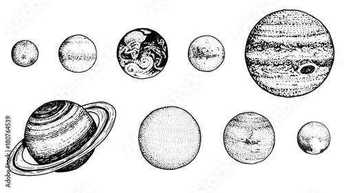 planets in solar system. moon and the sun, mercury and earth, mars and venus, jupiter or saturn and pluto. astronomical galaxy space. engraved hand drawn in old sketch, vintage style for label.